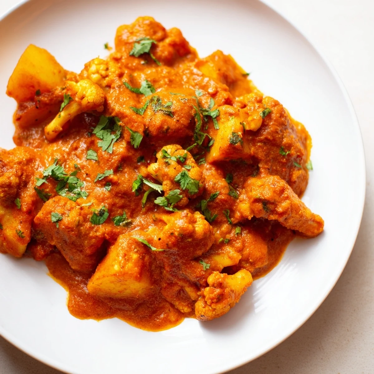 Indian Butter Spiced Potatoes and Cauliflower simmered in a rich, spicy tomato cream sauce, served hot with naan bread nearby.