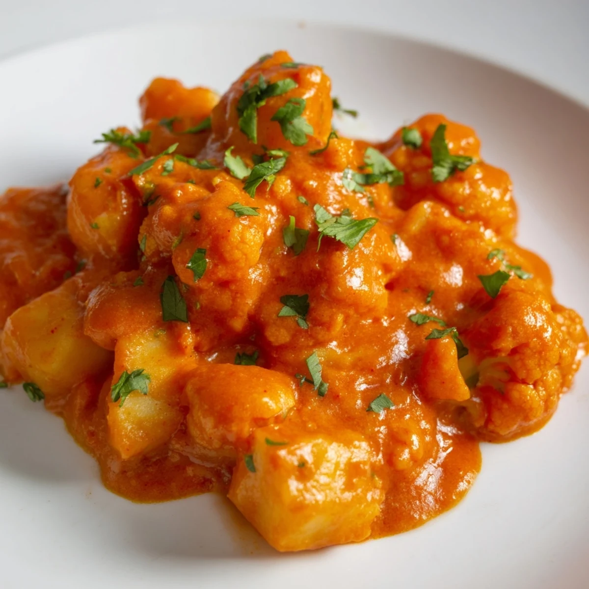 A hearty skillet of vegetarian Indian Butter Spiced Potatoes and Cauliflower, steaming and ready to serve over basmati rice.