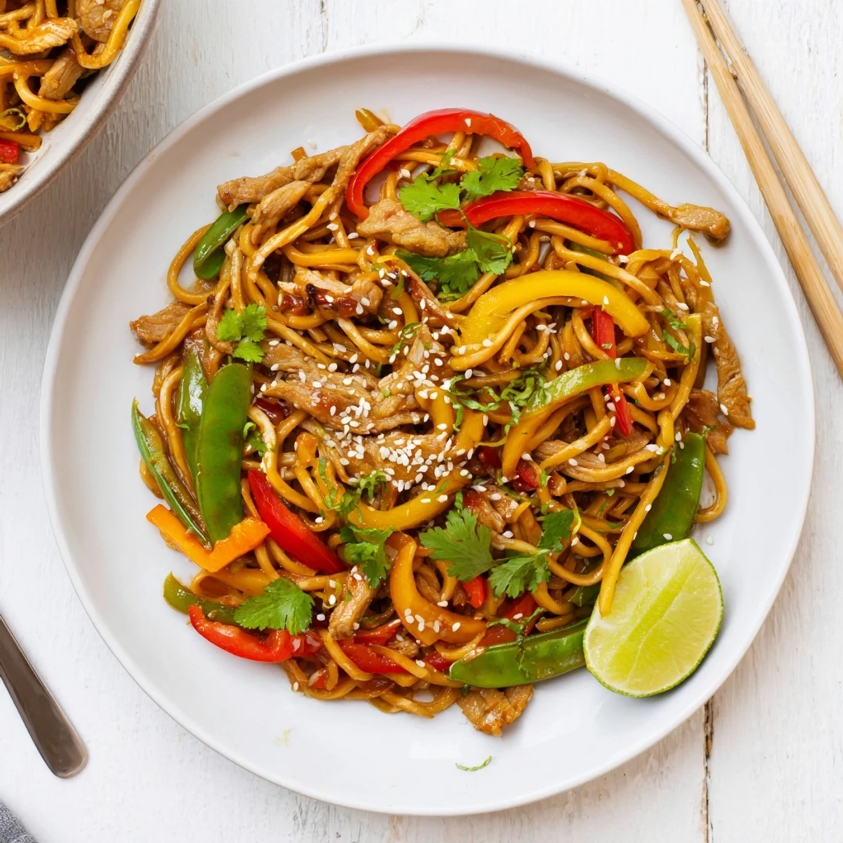 Serve Sweet Chilli Turkey Noodle Stir Fry steaming in a wok with lime wedges and sesame seeds.