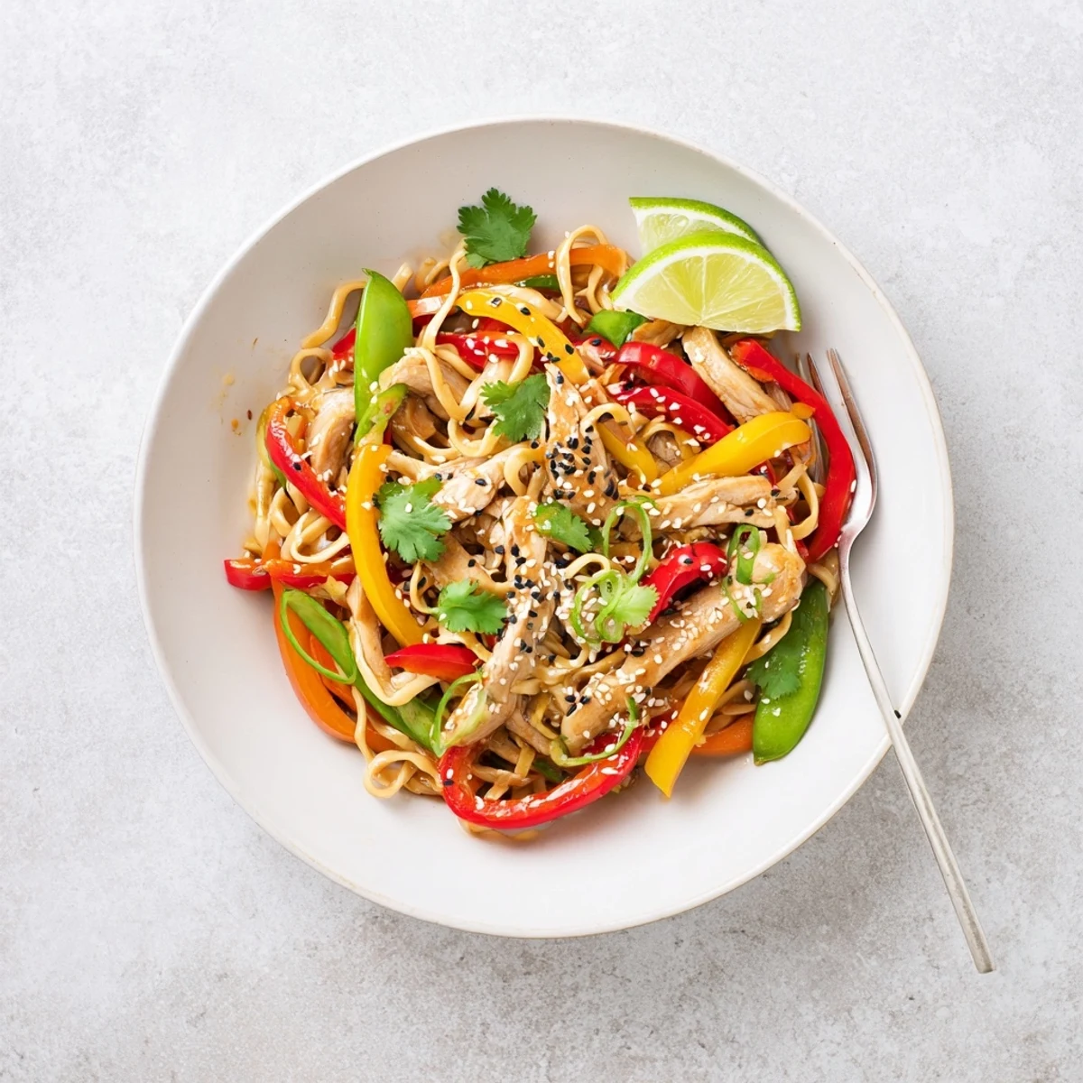 Quick weeknight Sweet Chilli Turkey Noodle Stir Fry features colorful peppers and snap peas glistening with tangy sauce.