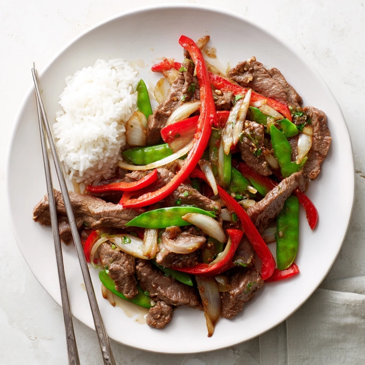 Sizzling beef slices coated in savory oyster sauce with crisp red bell peppers and snow peas in a classic Beef With Oyster Sauce stir-fry.