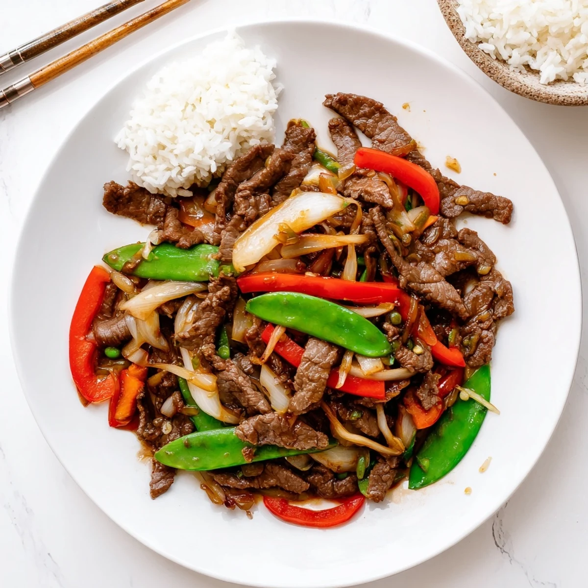 A close-up of vibrant snow peas and red peppers mingling with juicy beef strips in glossy Beef With Oyster Sauce, a quick Chinese-inspired meal.