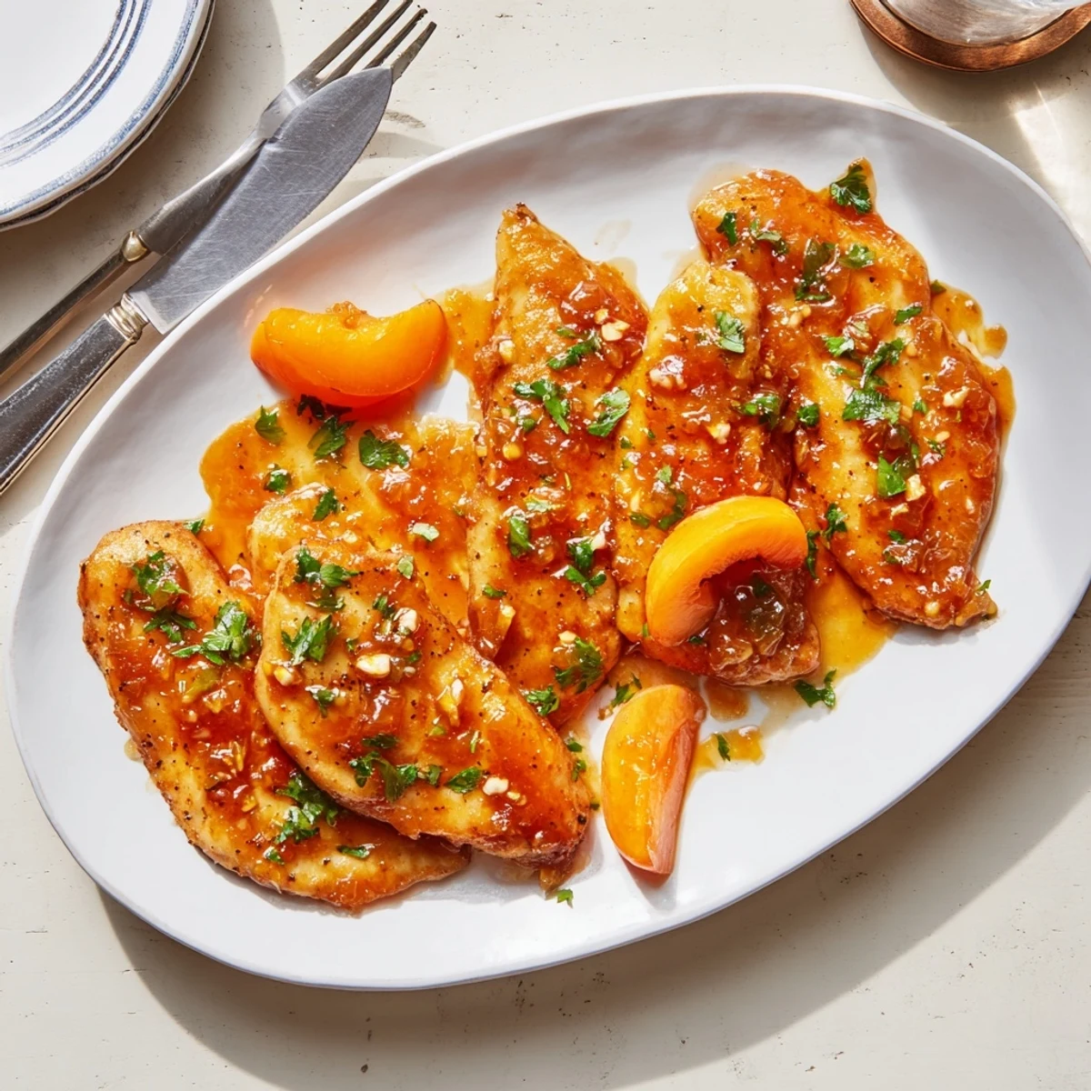 A skillet of Classic Apricot Chicken simmering in a thick, tangy sauce next to fluffy white rice.