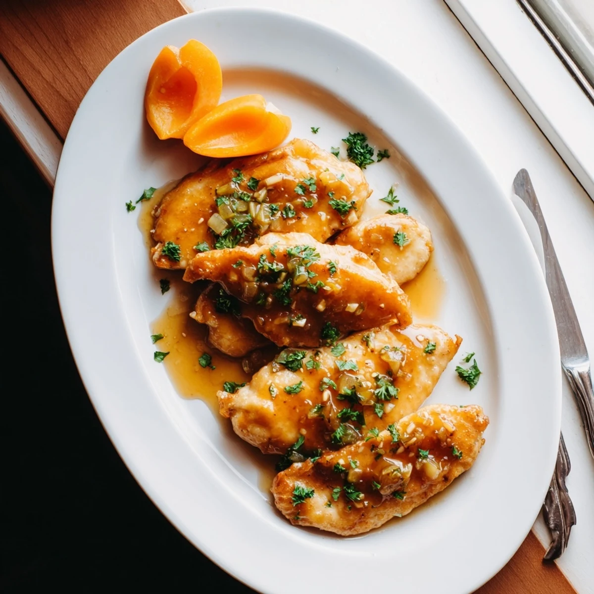 Golden seared Classic Apricot Chicken breasts glistening in a sweet apricot glaze on a white plate with parsley garnish.