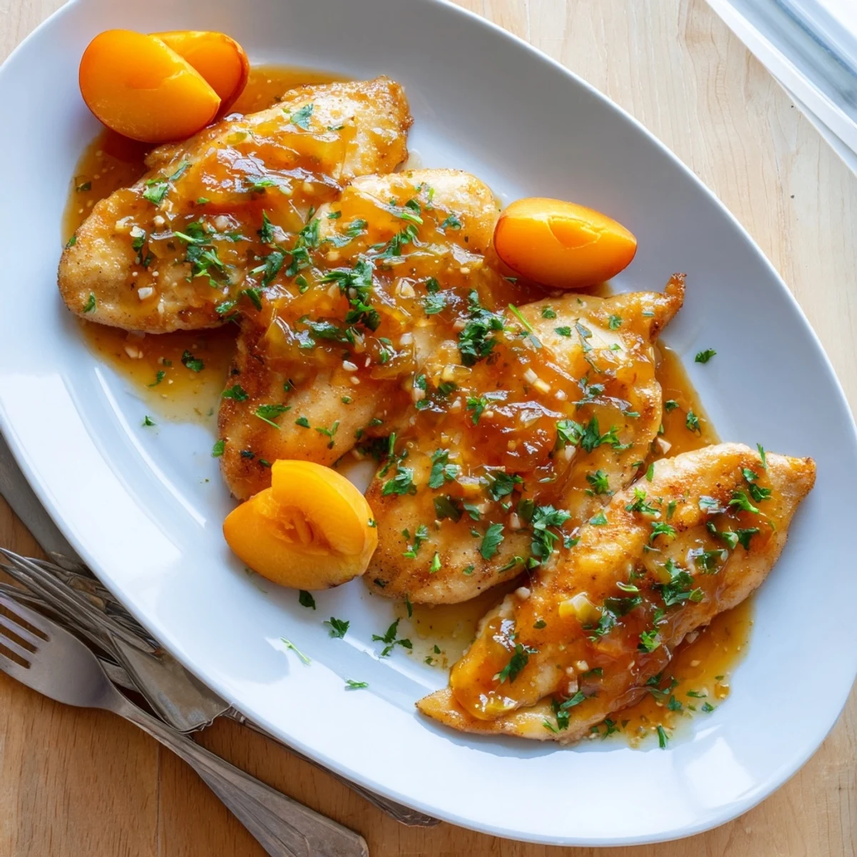 Serving suggestion of Classic Apricot Chicken placed over steamed vegetables, garnished with fresh sliced apricots.