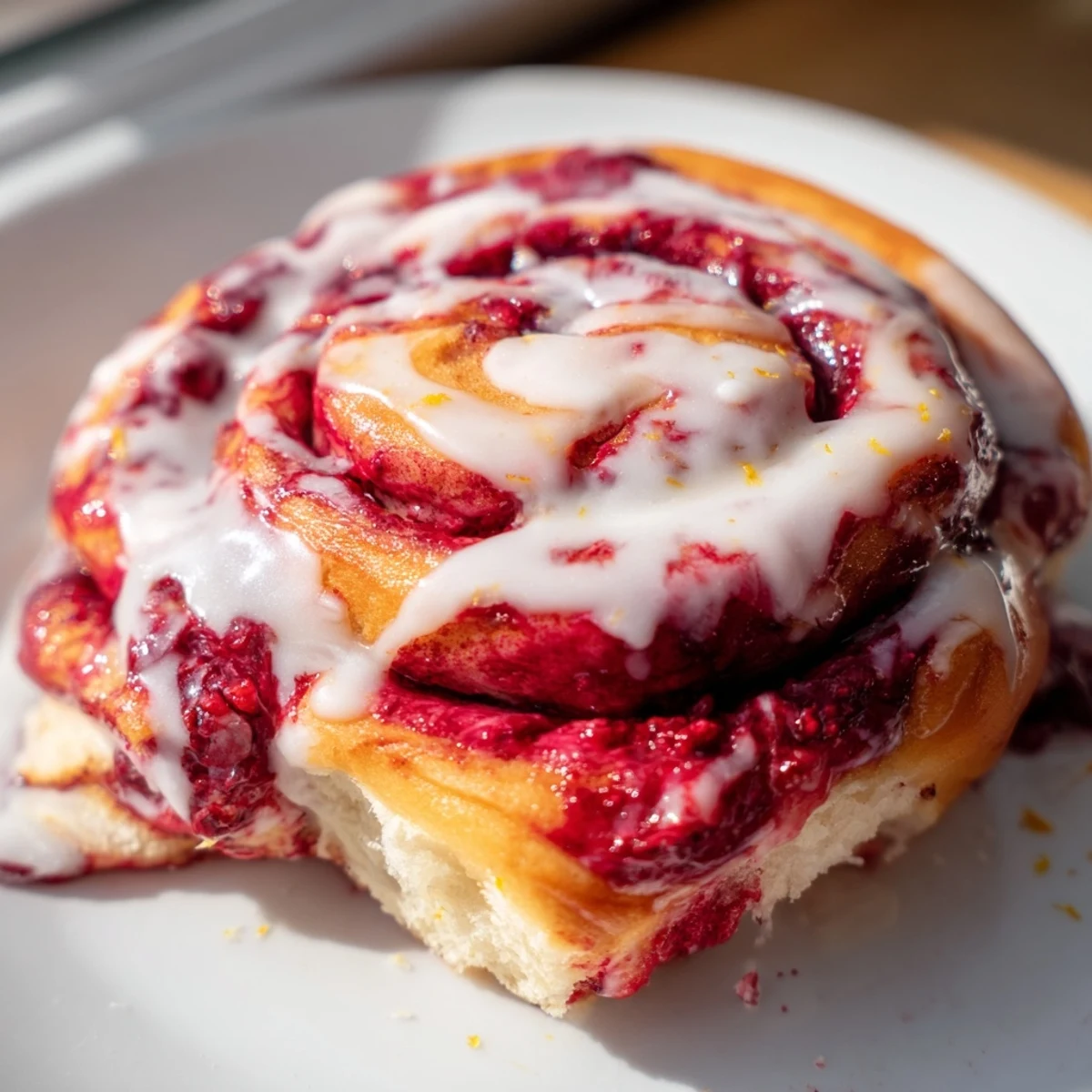 Soft Raspberry Cinnamon Rolls With Lemon Glaze stacked on a white plate for brunch.