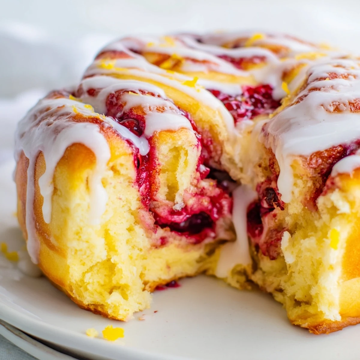 Golden Raspberry Cinnamon Rolls With Lemon Glaze drizzled generously and served with fresh berries.