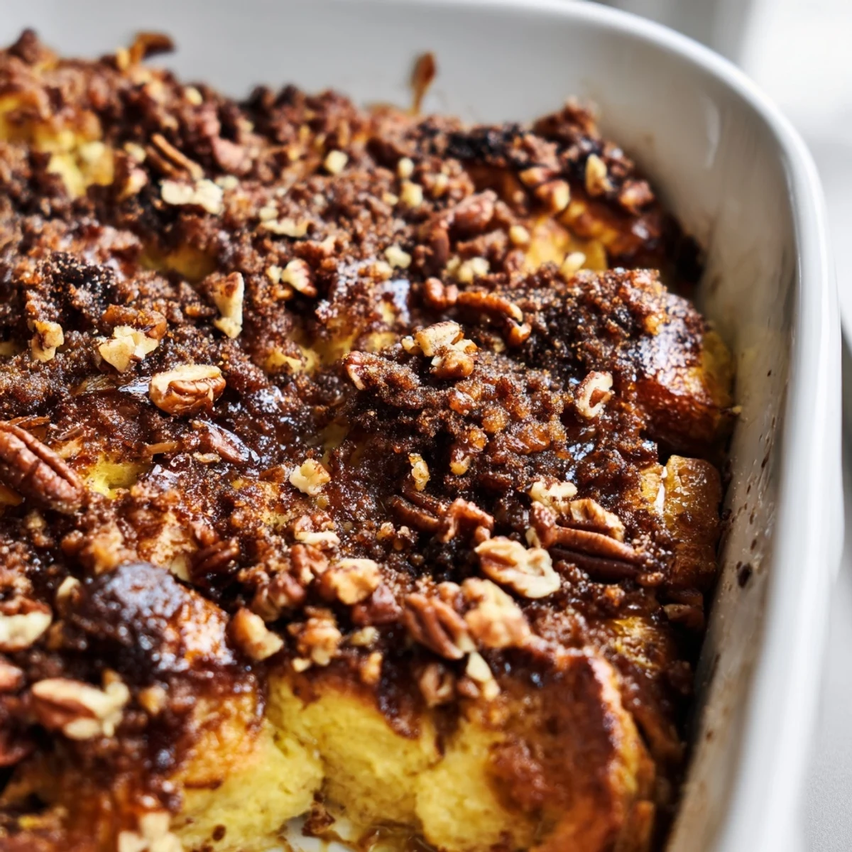 Golden-brown French Toast Casserole bubbles with cinnamon-sugar topping, served warm with maple syrup drizzle.