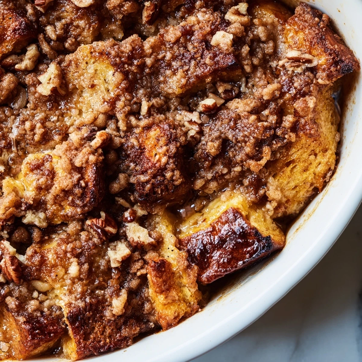 Slices of brioche soak custard in a baked French Toast Casserole, perfect for brunch gatherings.
