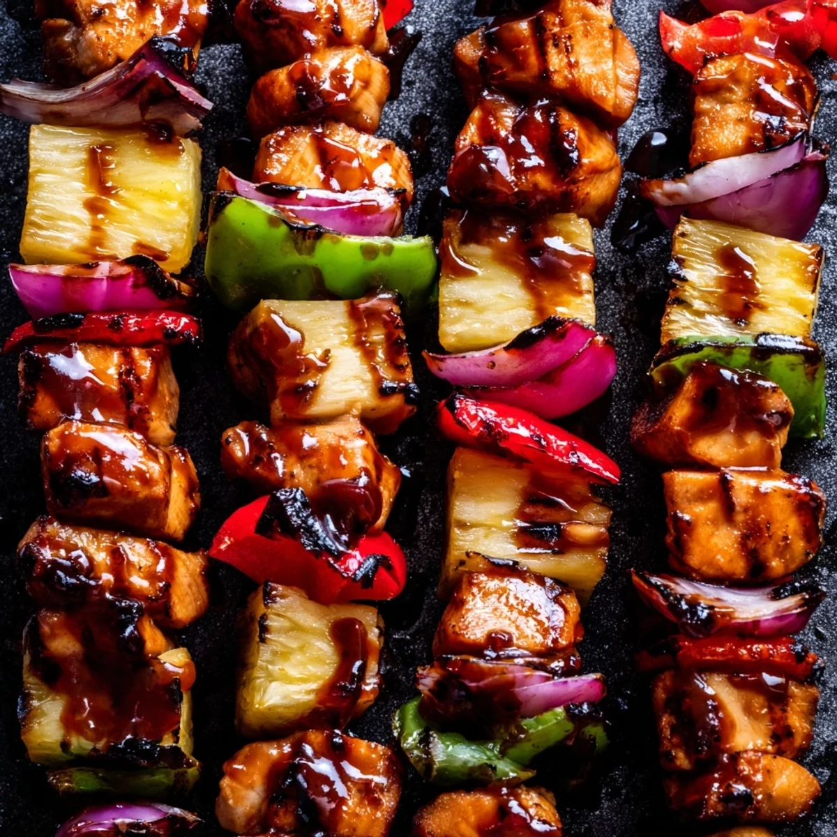 Sizzling Chicken and Pineapple BBQ Skewers fresh off the grill, showcasing juicy golden-brown chicken and caramelized pineapple chunks.