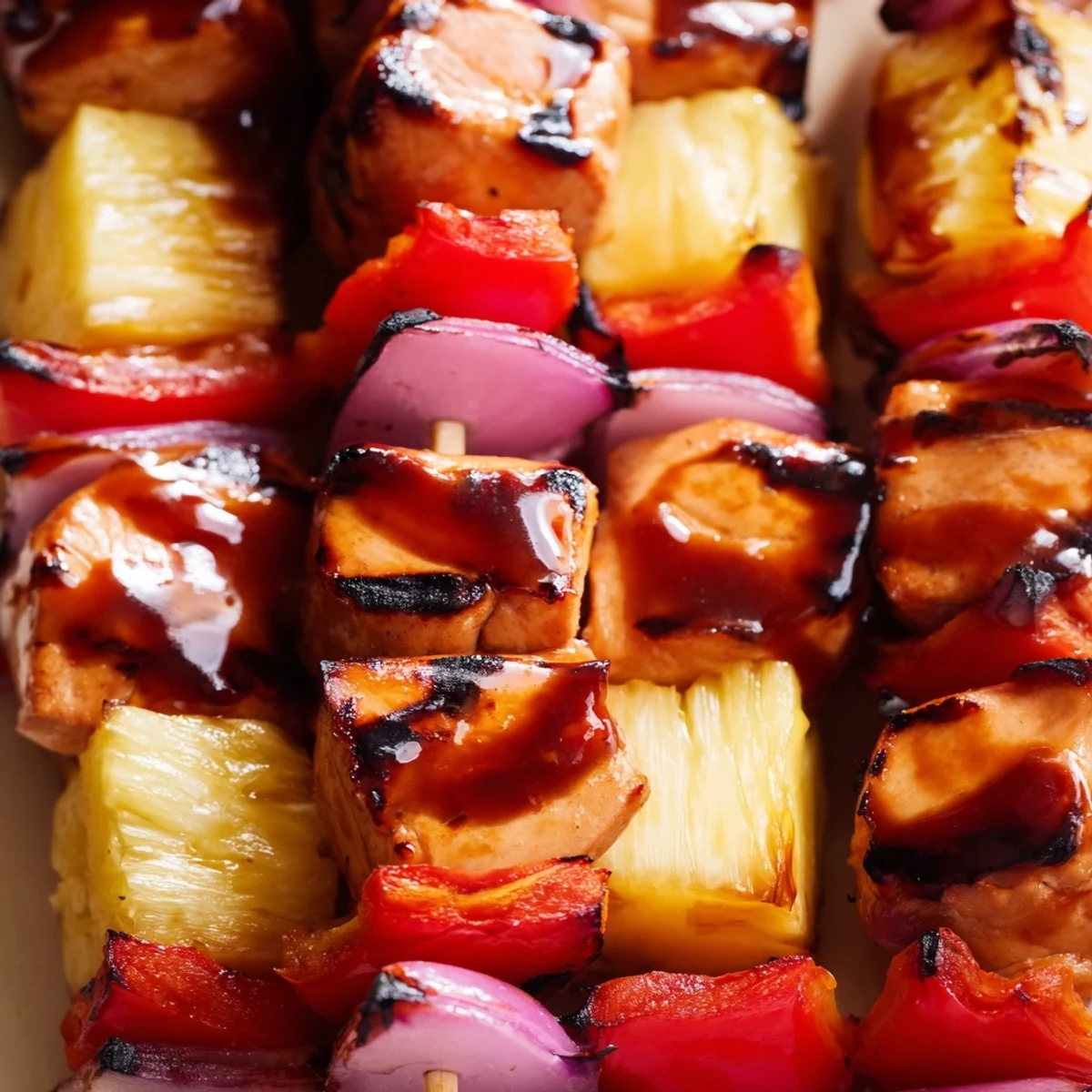 Vibrant skewers of Chicken and Pineapple BBQ Skewers served with grilled corn and rice, perfect for an easy American backyard dinner.