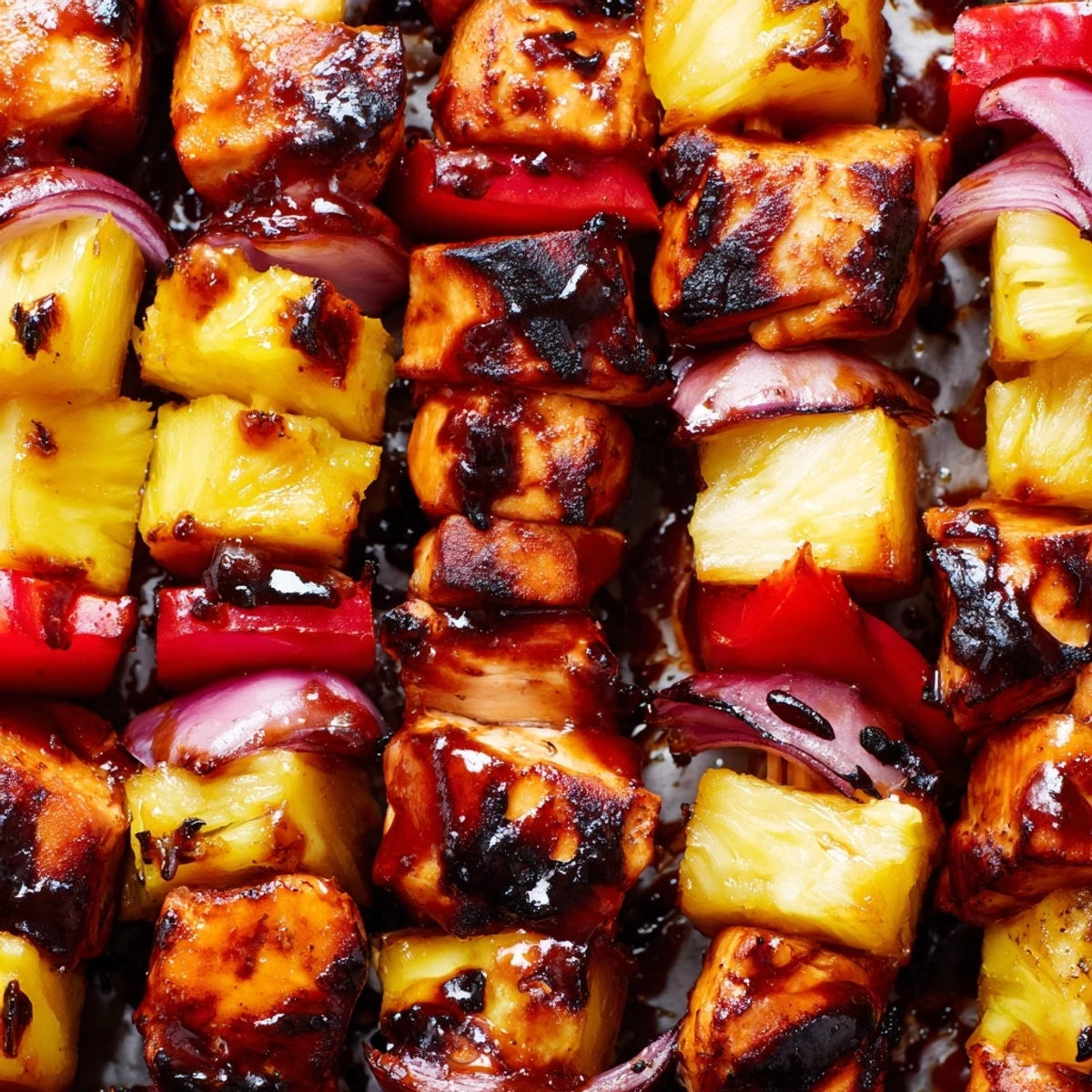 Close-up of glazed Chicken and Pineapple BBQ Skewers on a platter, with charred red bell peppers and onions for a summery meal.