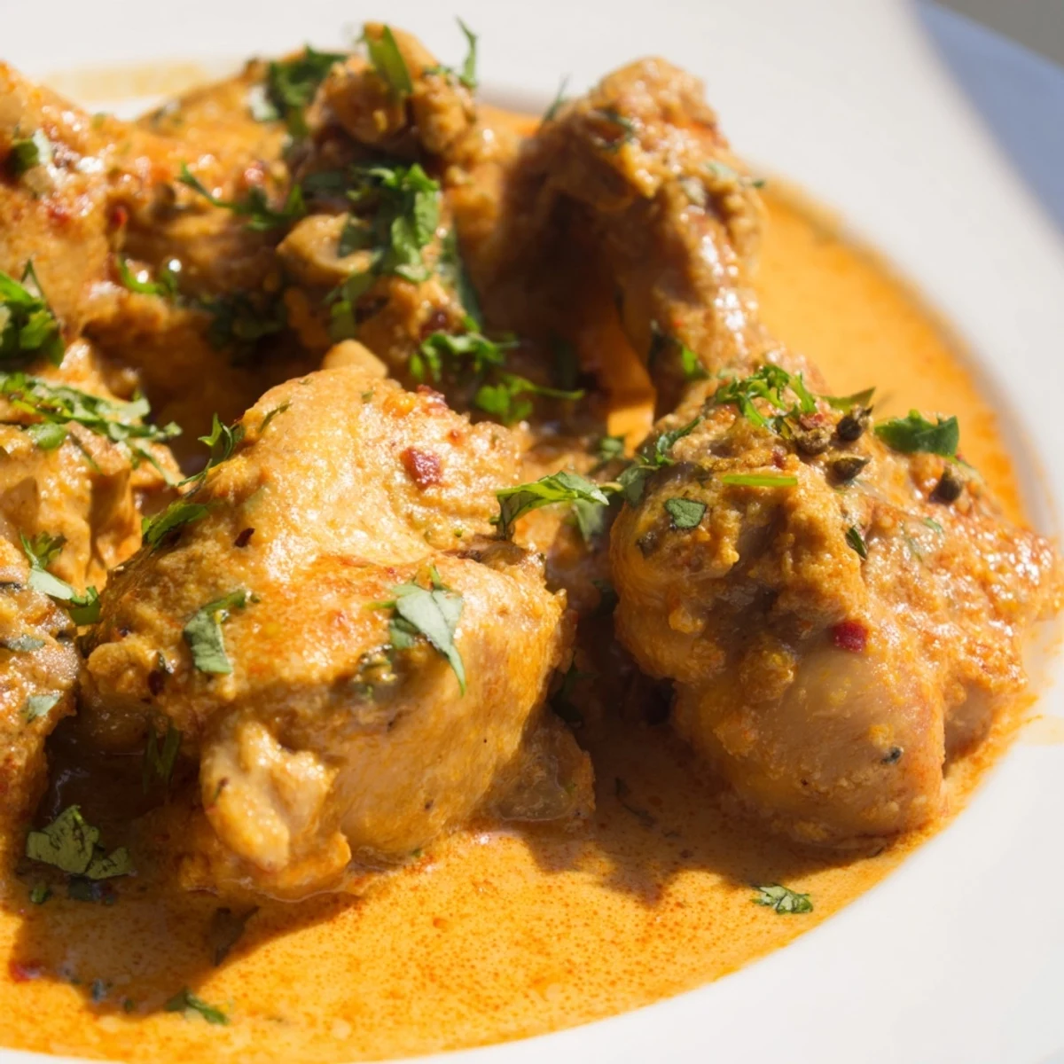 Warm, golden vegetable fritters sit beside creamy butter chicken and fresh cilantro garnish on a rustic plate.