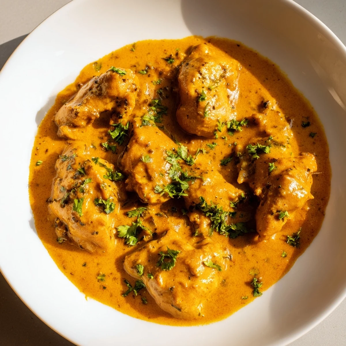 Crisp, golden vegetable fritters and richly spiced Butter Chicken garnished with fresh cilantro on a rustic table.