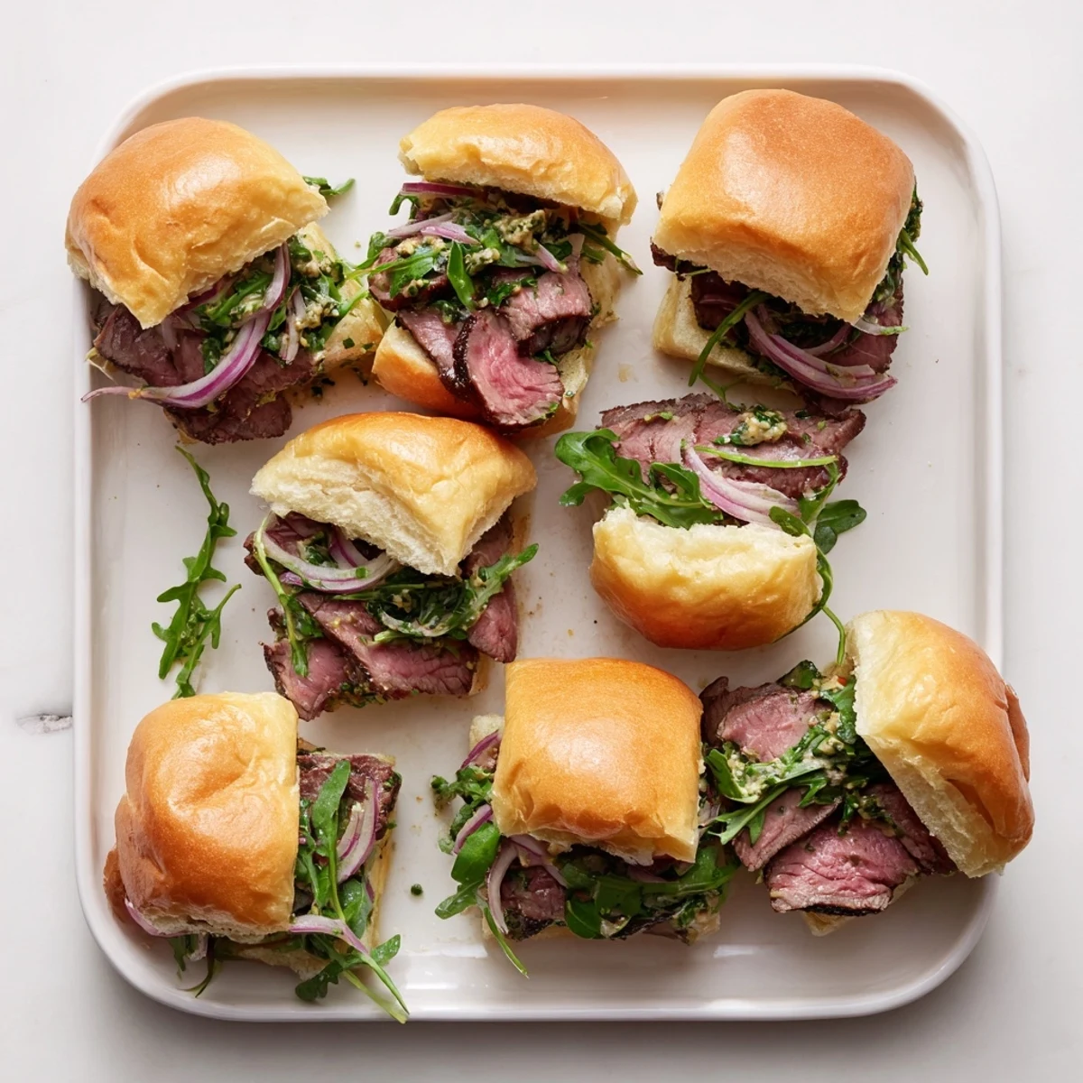 Sizzling Cowboy Butter Steak Sliders with melted butter and zesty red onion garnish.