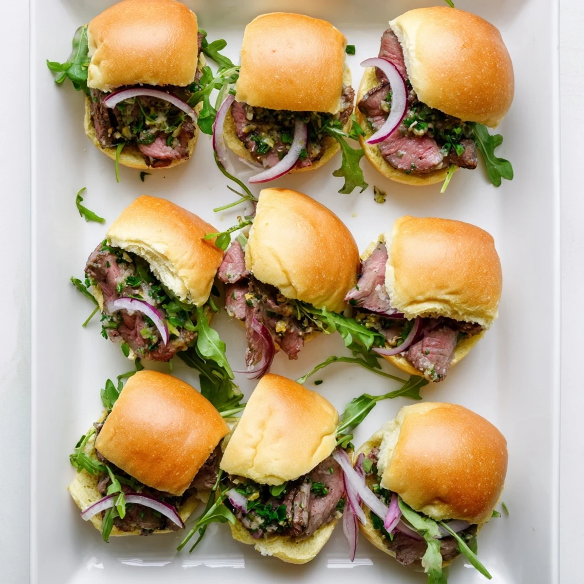Freshly grilled Cowboy Butter Steak Sliders layered with peppery arugula and thin-sliced beef.