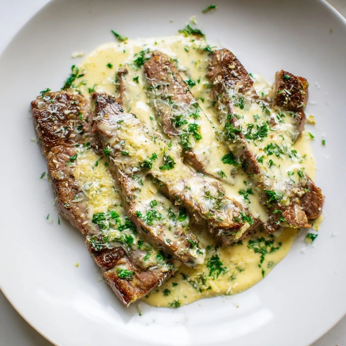 A close-up of perfectly seared ribeye steak topped with golden garlic cream sauce and fresh parsley garnish for a rustic dinner.