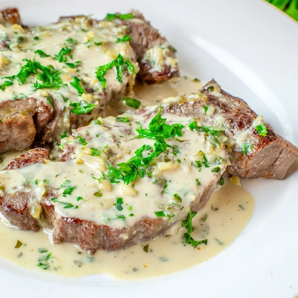 Juicy Steak With Creamy Garlic Sauce served sliced over creamy mashed potatoes with a rich, velvety sauce pooling on the plate.