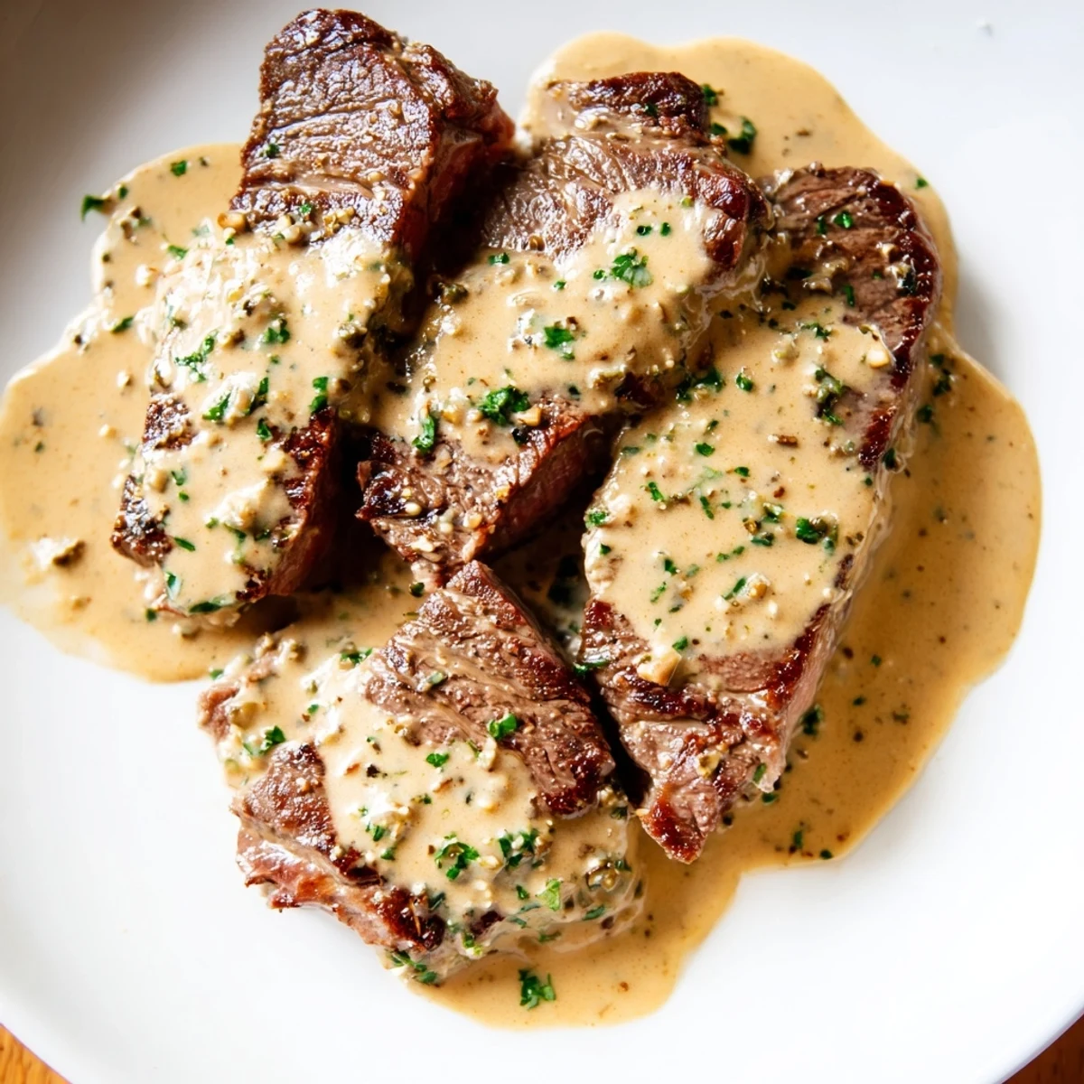 Hot Juicy Steak With Creamy Garlic Sauce drizzled with buttery pan sauce beside roasted asparagus for an impressive weeknight meal.