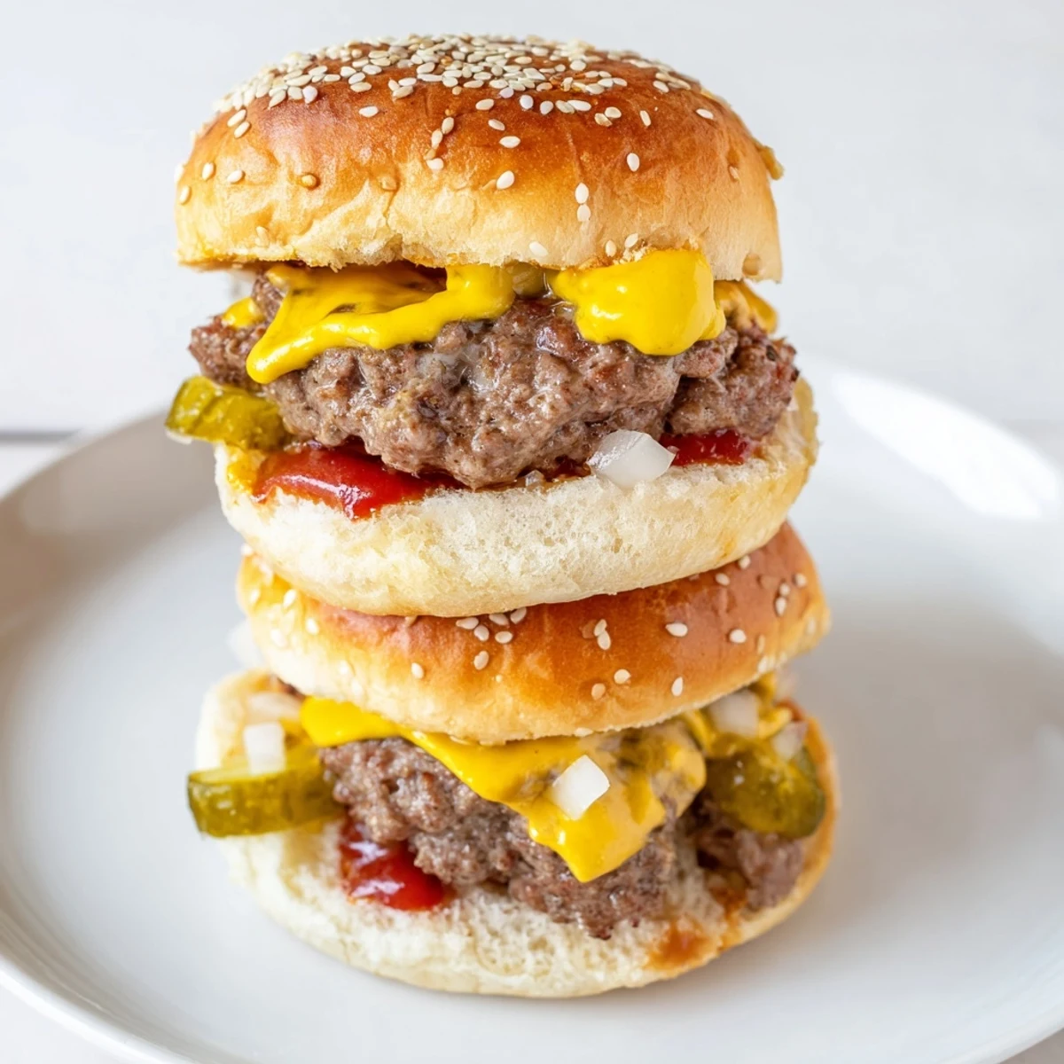 The finished White Trash Sliders are stacked high on a platter, with melted cheese dripping down the toasted buns and pickles peeking out.