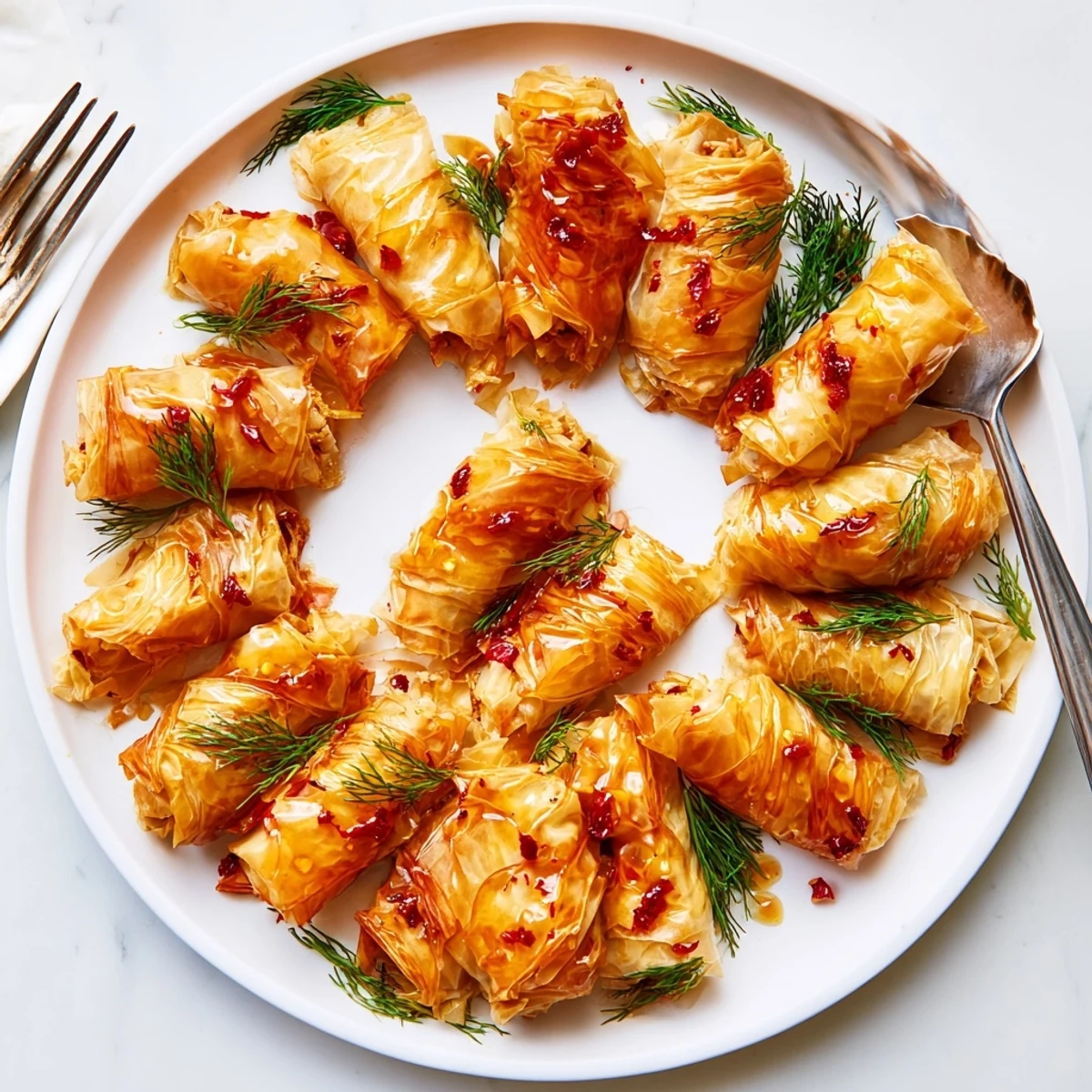 Golden-baked Oven Fried Feta Rolls with Spicy Chili Honey, crispy and served warm on a plate.