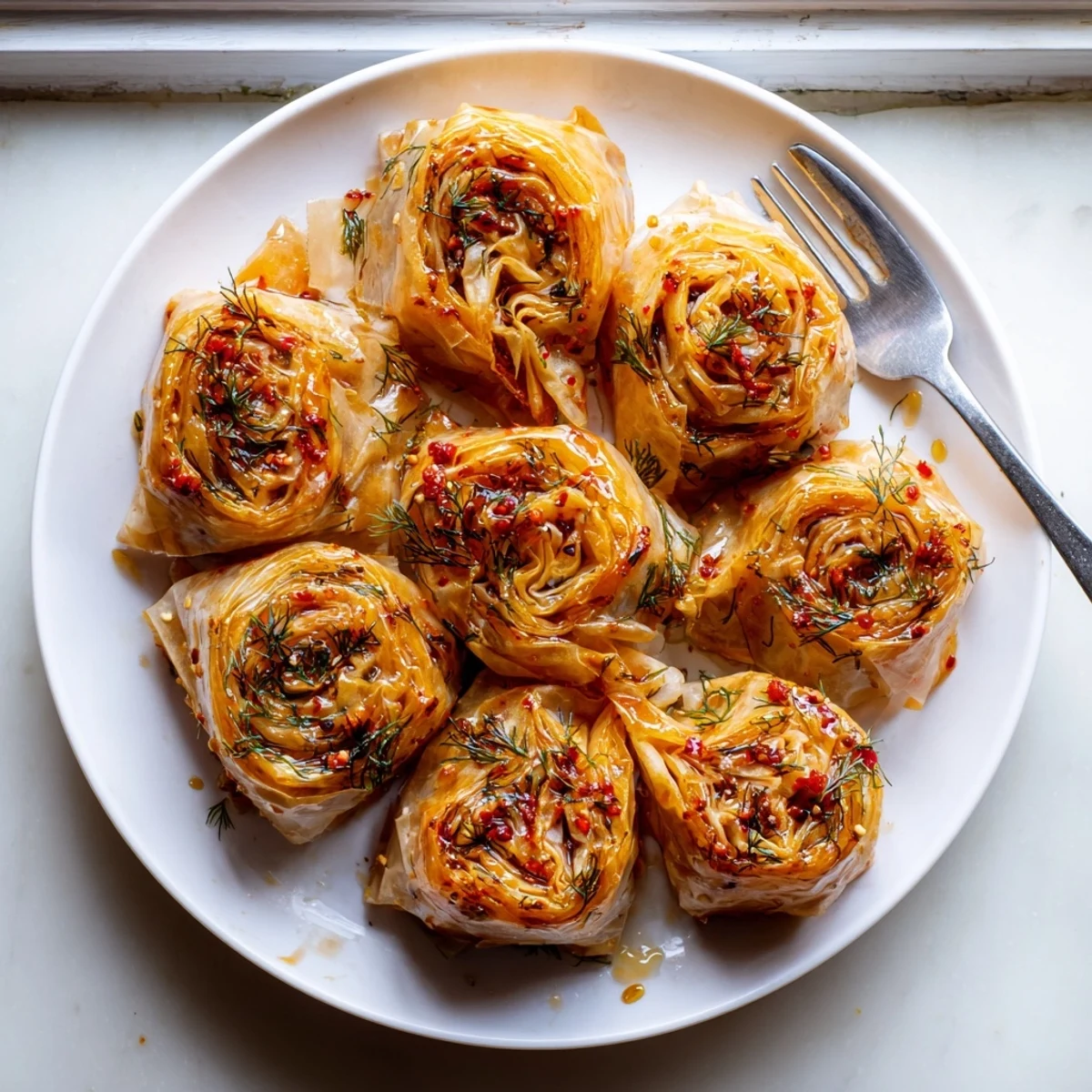 Freshly baked Oven Fried Feta Rolls with Spicy Chili Honey drizzled over, garnished with herbs.