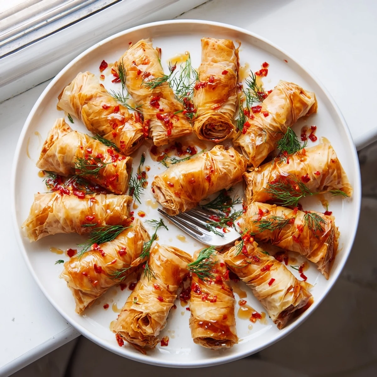 Crispy Oven Fried Feta Rolls with Spicy Chili Honey beside a small dipping bowl for serving.