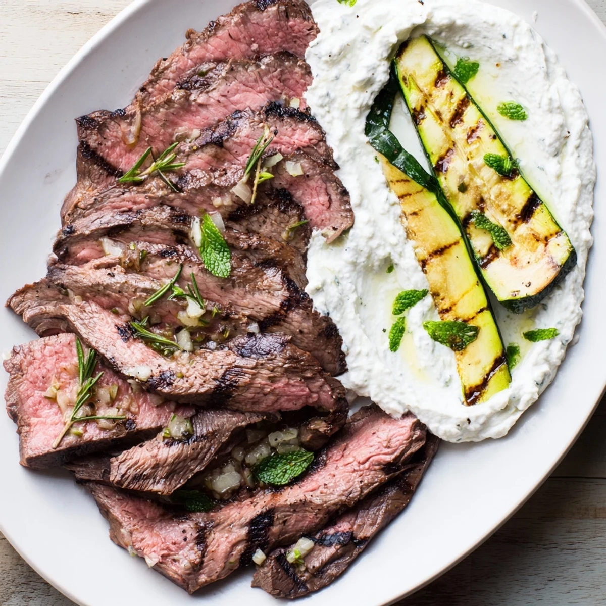 Thick slices of balsamic flank steak rest beside charred zucchini and creamy whipped feta.
