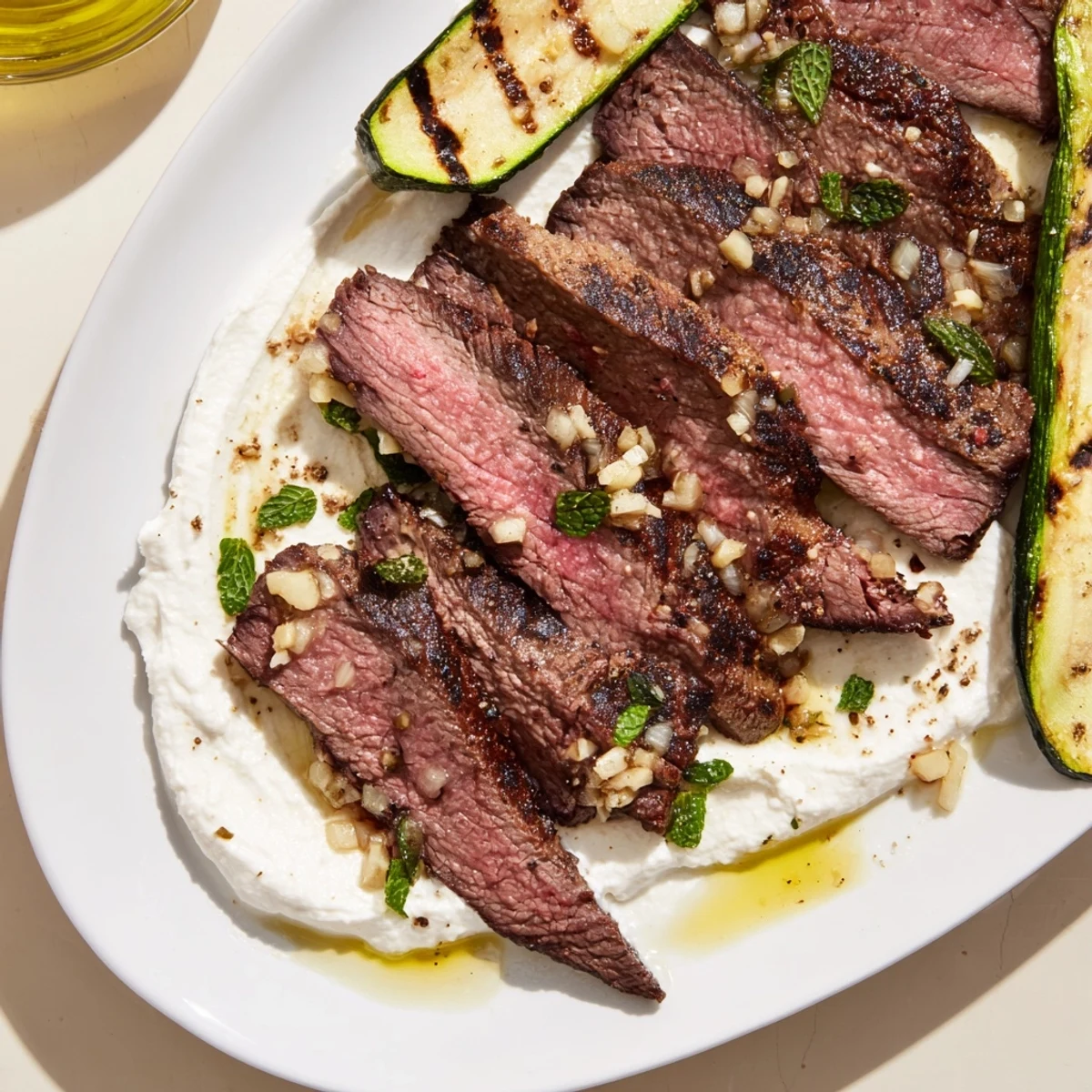 Sliced grilled zucchini and juicy balsamic flank steak on a platter with whipped feta.