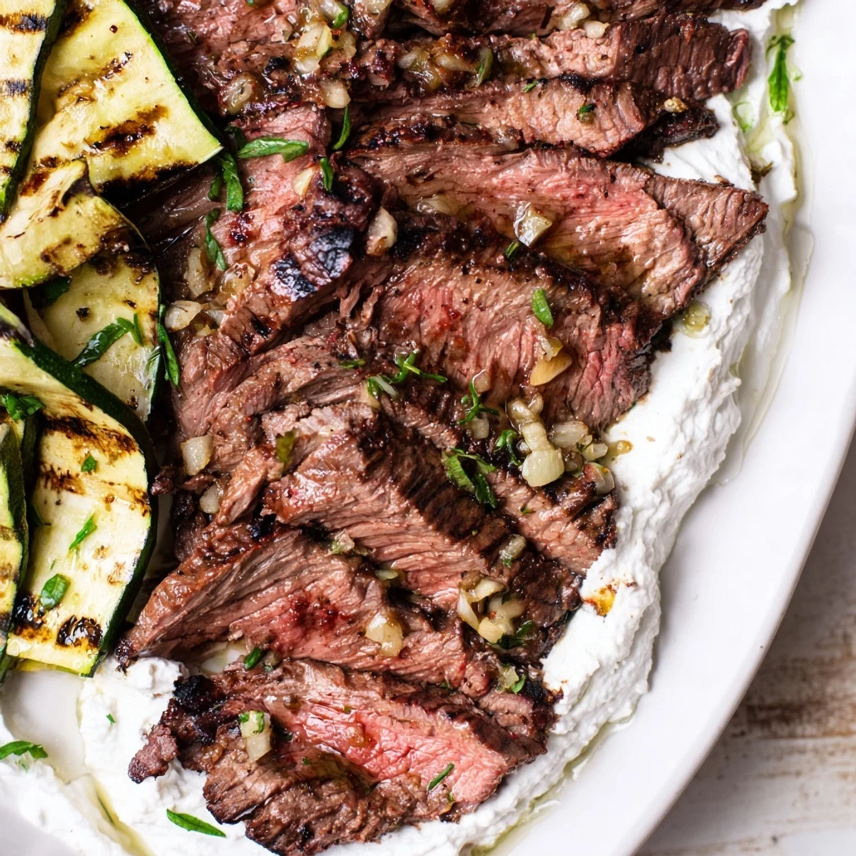 A platter of sliced balsamic flank steak with grilled zucchini and whipped feta topped with herbs.
