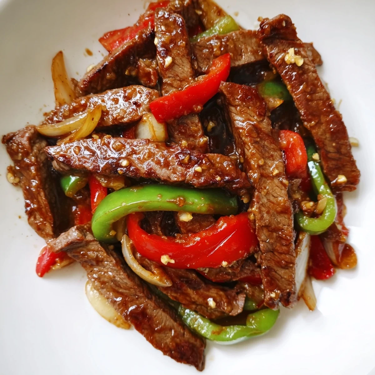 Sizzling Chinese Pepper Steak With Onions steams next to fluffy white rice, showcasing tender beef strips and vibrant bell peppers.