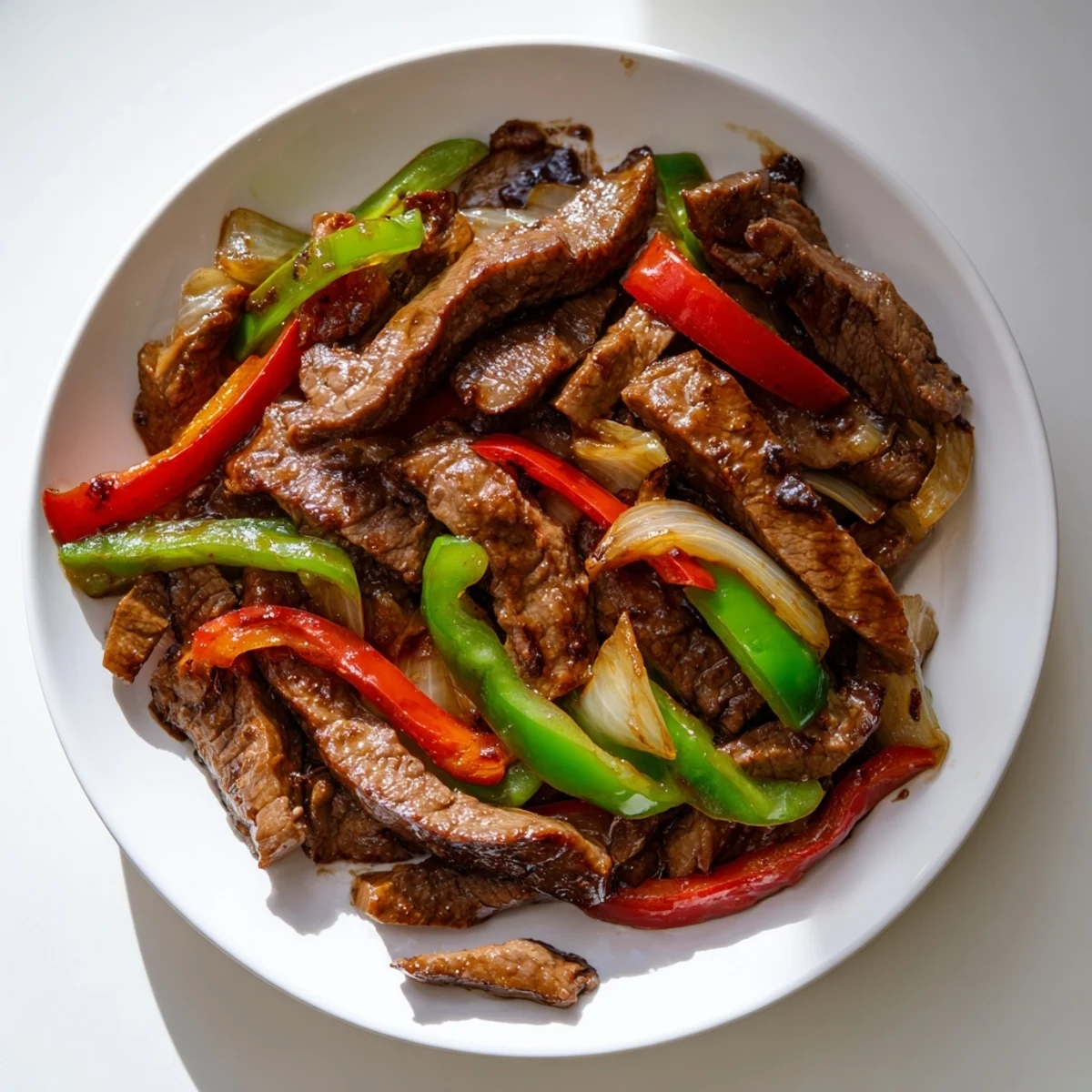 Glossy sauce coats the Sizzling Chinese Pepper Steak With Onions, with onions and peppers glistening in a warm, inviting wok.