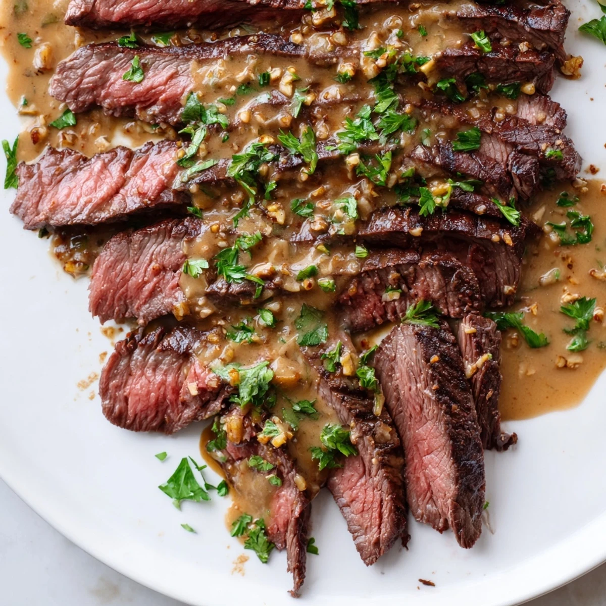 Juicy seared flank steak topped with a velvety roasted garlic sauce, served sliced on a white plate with fresh parsley garnish.