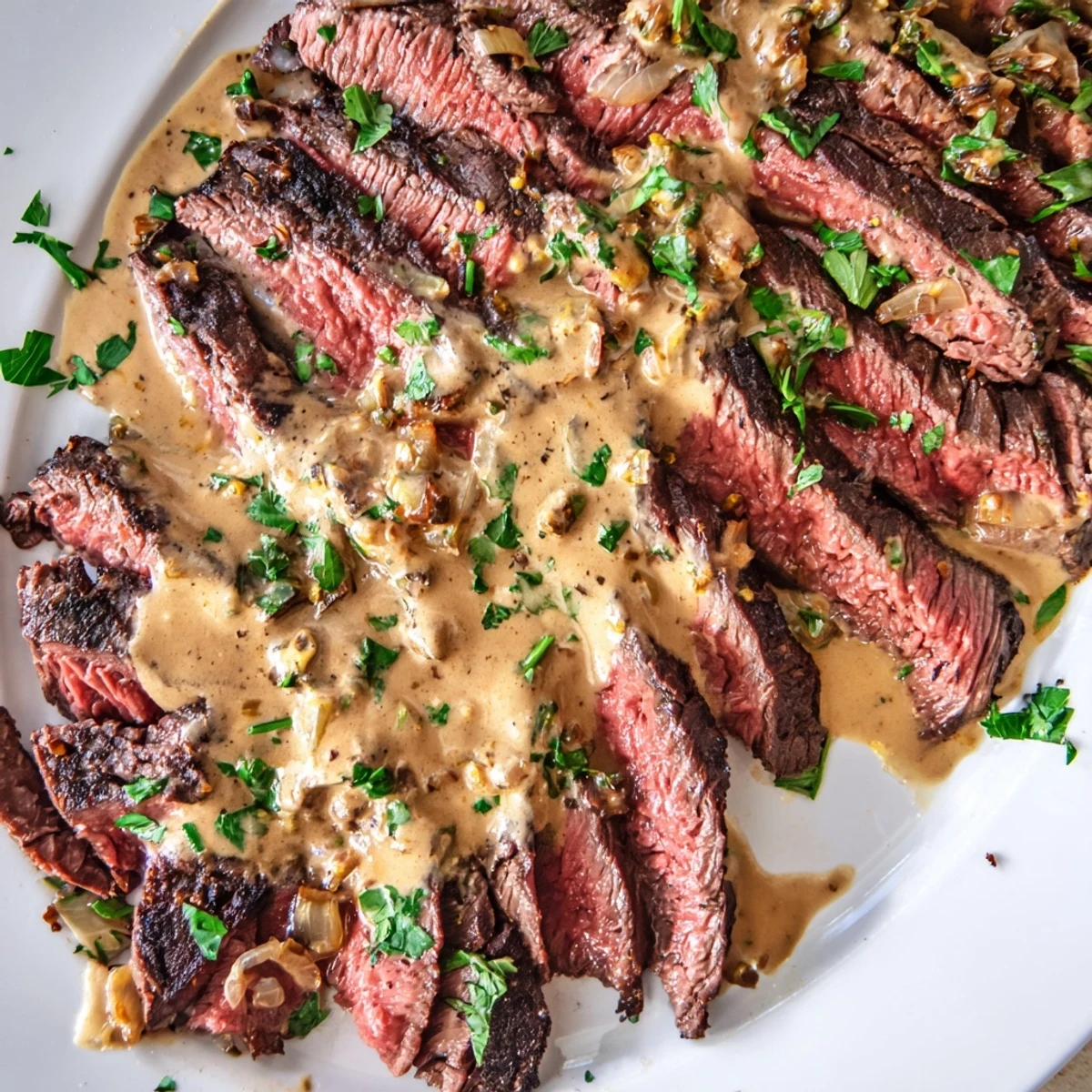 A close-up of tender flank steak and creamy roasted garlic sauce, garnished with fresh parsley and served for a special American dinner.