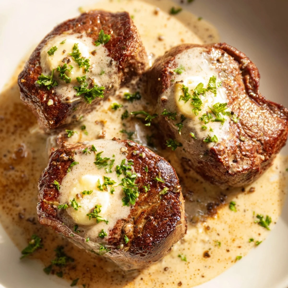 A close-up of Garlic Butter Steak With Parmesan Cream Sauce beside roasted veggies for a cozy dinner.
