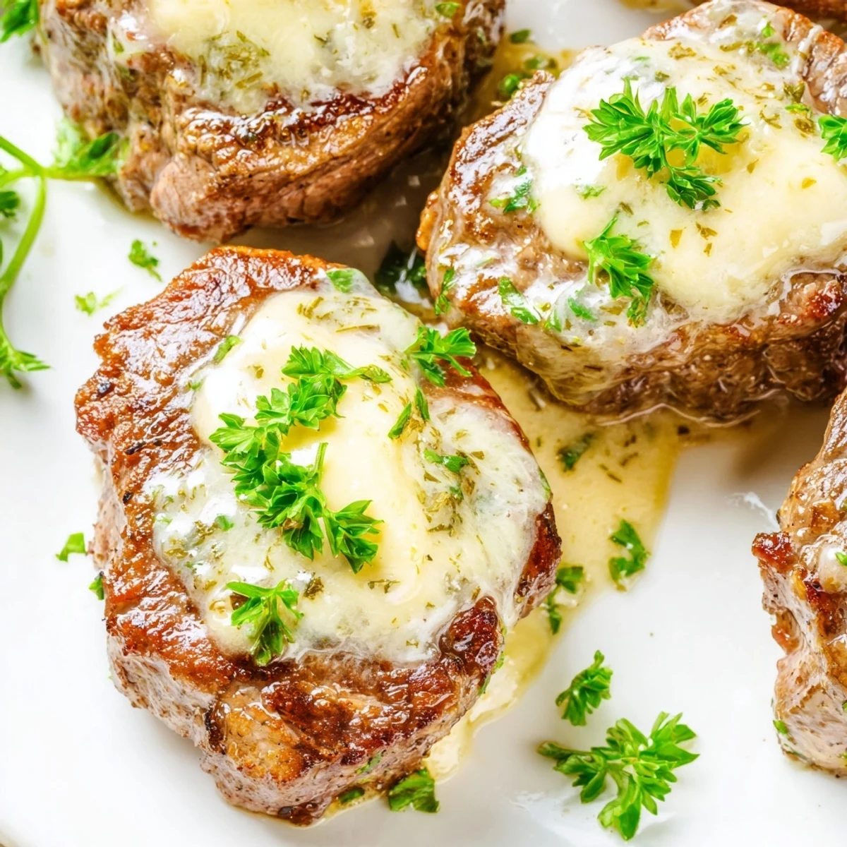 Juicy Garlic Butter Steak With Parmesan Cream Sauce on a plate, topped with rich sauce and fresh parsley.
