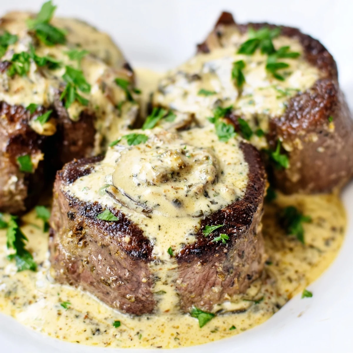 Sliced Garlic Butter Steak With Parmesan Cream Sauce drizzled with garlicky butter and served over creamy mashed potatoes.