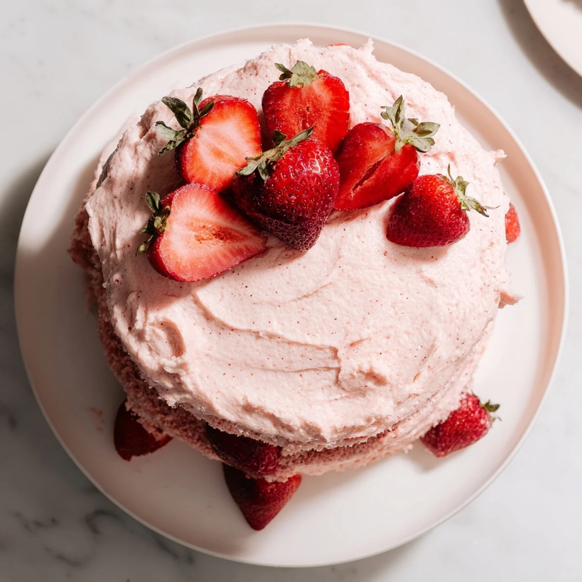 A slice of Strawberry Velvet Cake reveals moist pink layers and creamy frosting topped with fresh berries.
