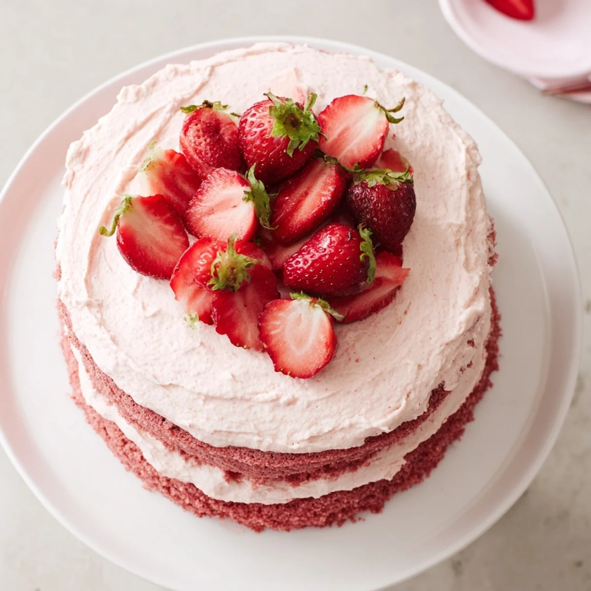 Freshly baked Strawberry Velvet Cake with velvety crumb and strawberry cream cheese frosting, perfect for spring gatherings.