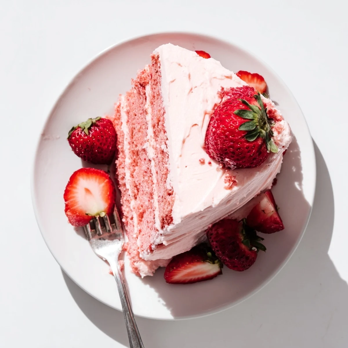A close-up of Strawberry Velvet Cake layers soaked in strawberry purée, drizzled with frosting and garnished with berries.