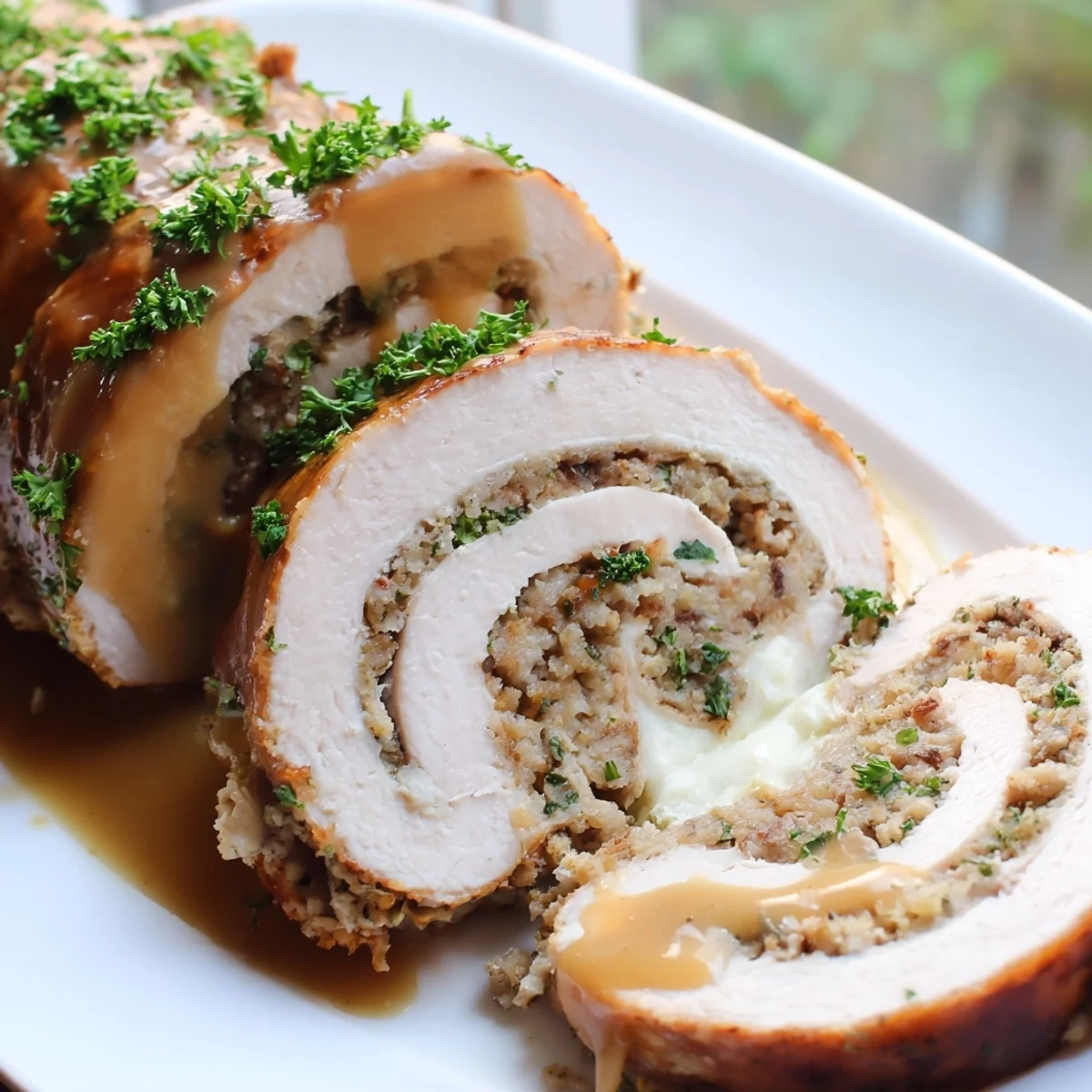 Golden-brown Flavor-Packed Turkey Roll-Ups with Stuffing rest on a white plate, garnished with fresh parsley.