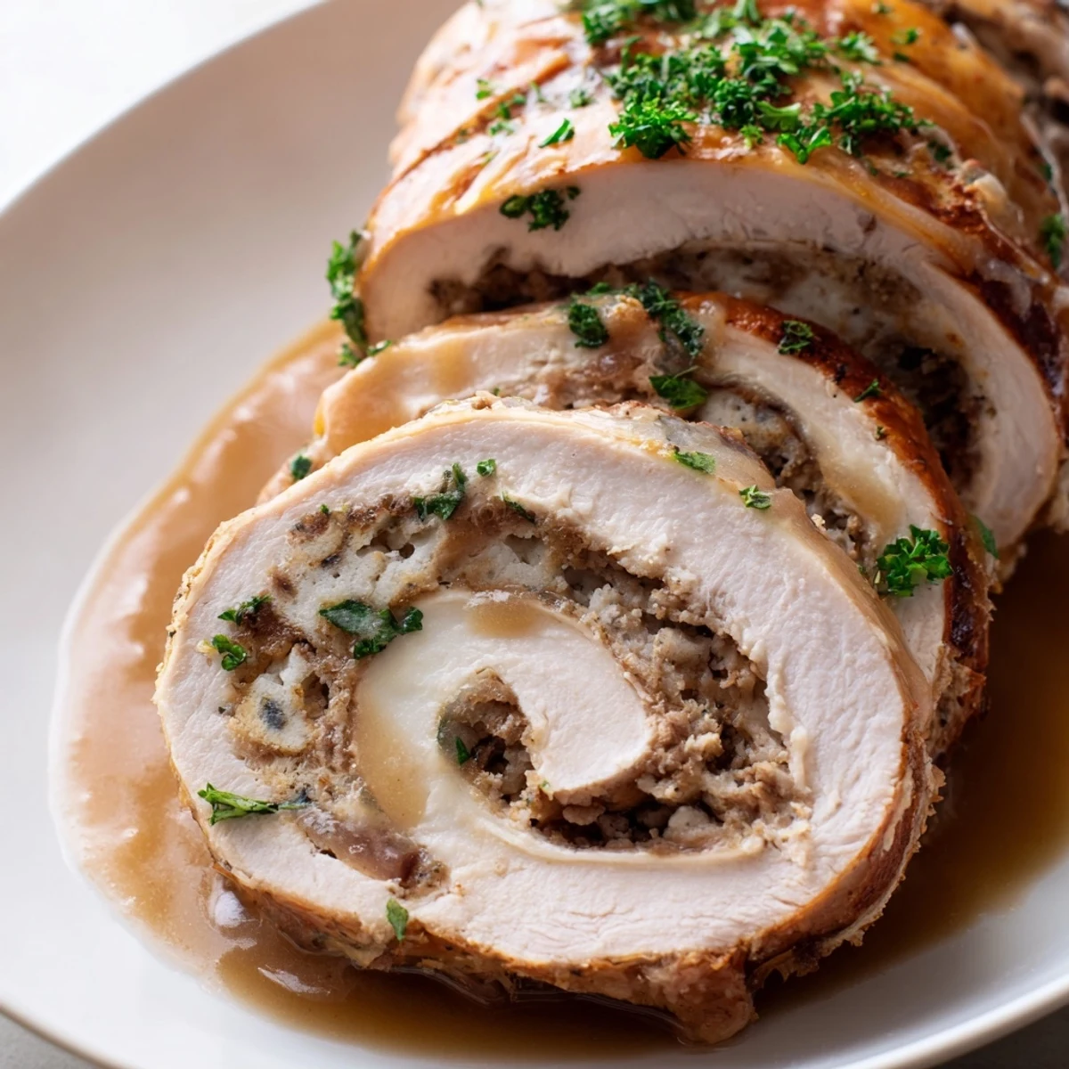 Savory Flavor-Packed Turkey Roll-Ups with Stuffing sliced open, revealing moist turkey and hearty stuffing inside.