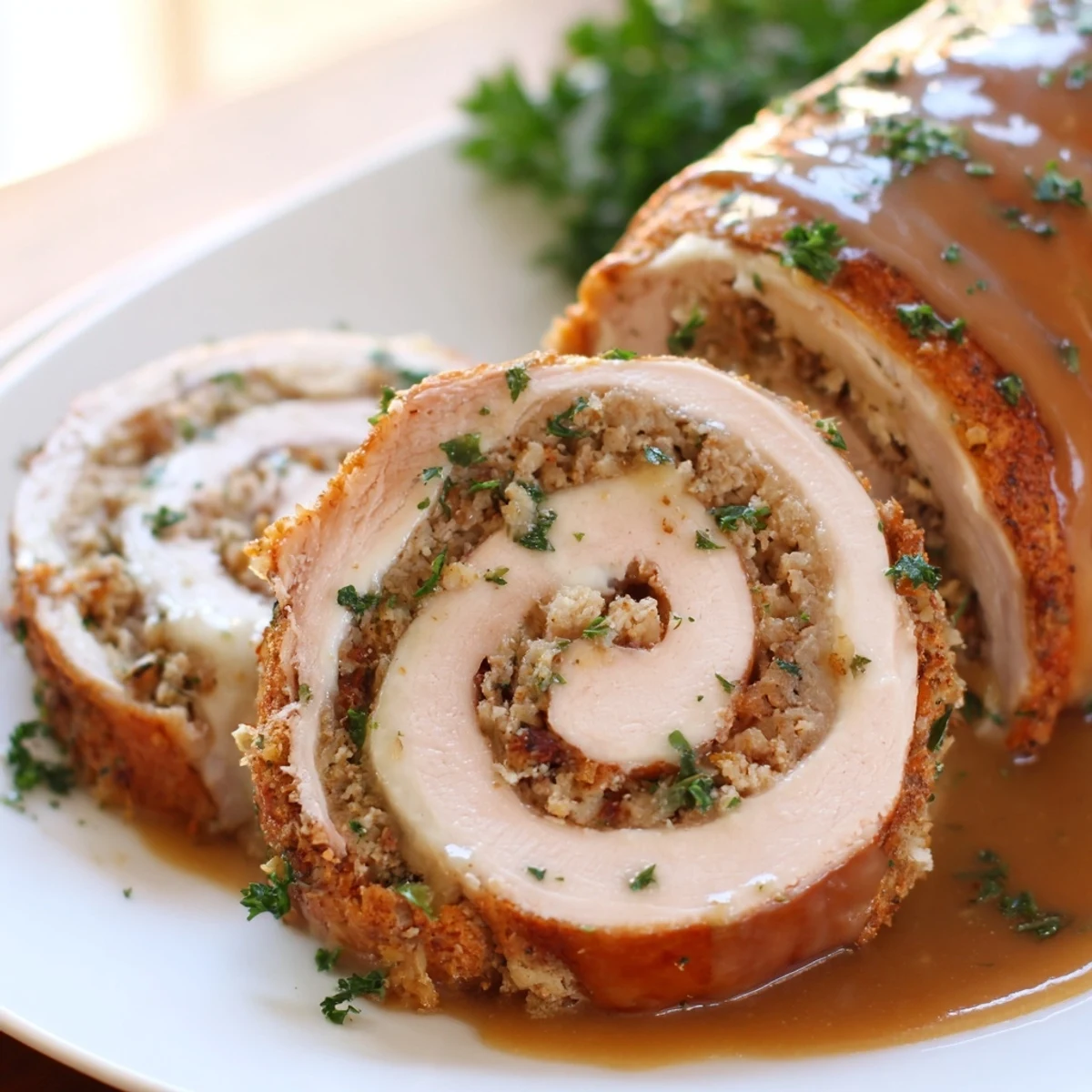 Close-up of Flavor-Packed Turkey Roll-Ups with Stuffing drizzled with gravy, served alongside mashed potatoes.