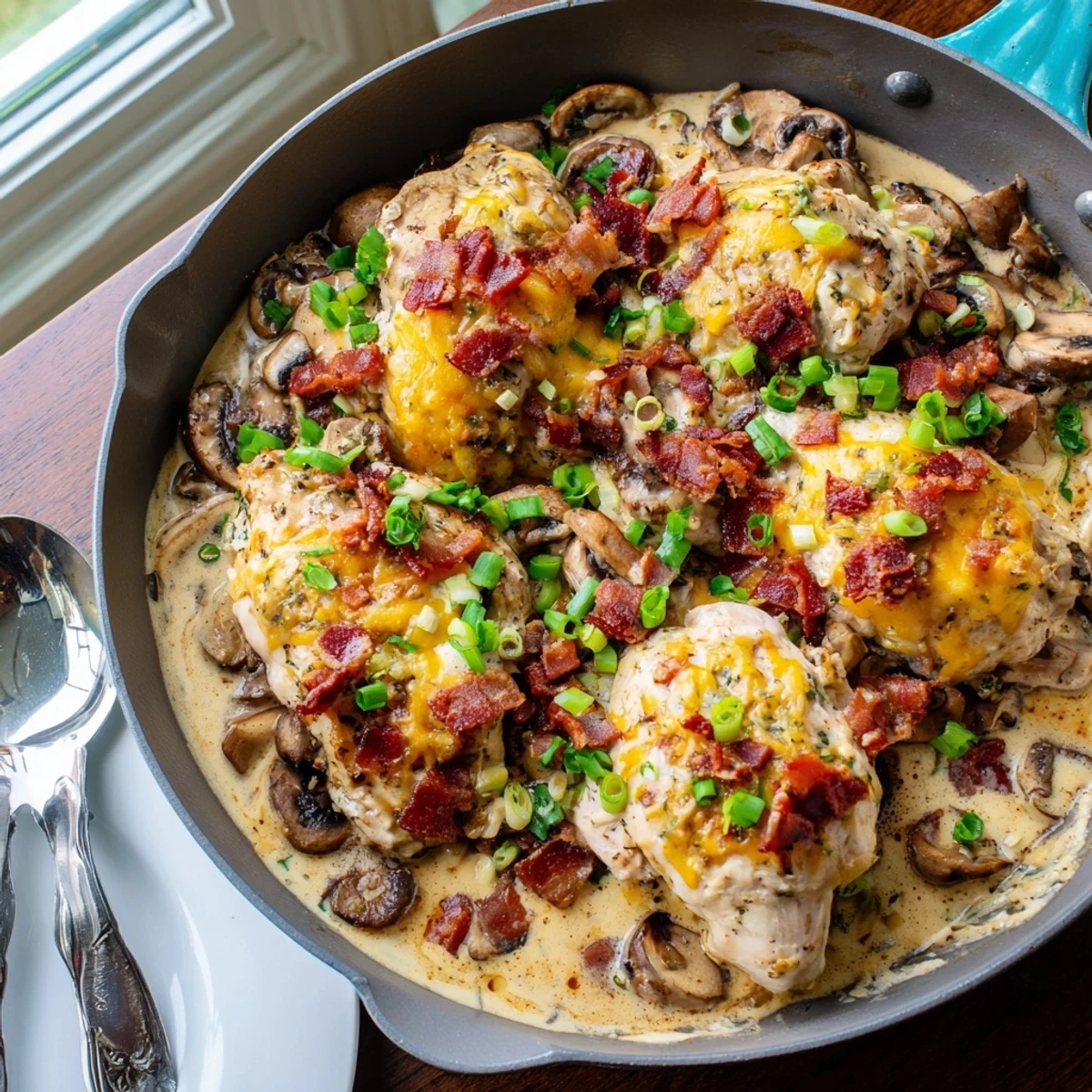 Tender Mississippi Mud Chicken breasts with melted cheddar and mozzarella in a creamy mushroom and bacon sauce.