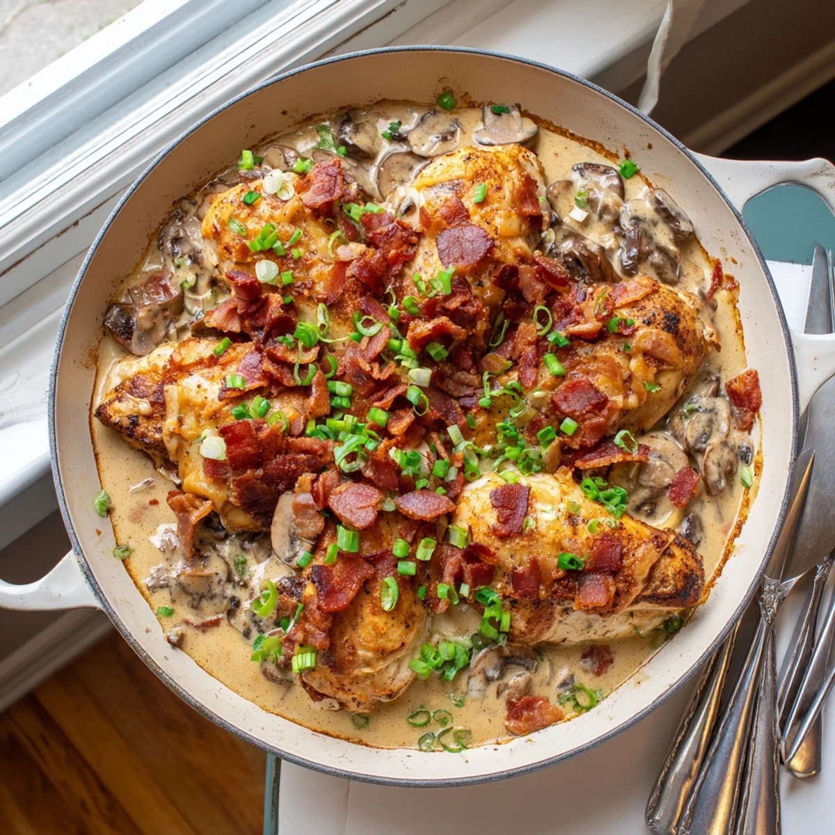 Juicy Mississippi Mud Chicken served over fluffy mashed potatoes with a rich, savory gravy and green onions.