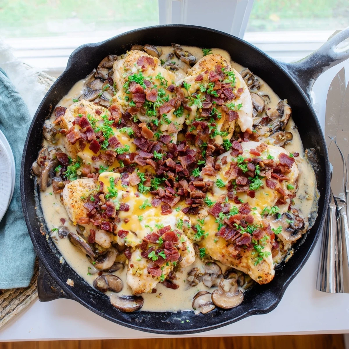 Sizzling skillet Mississippi Mud Chicken topped with crispy bacon, herbs, and golden bubbly cheese for dinner.
