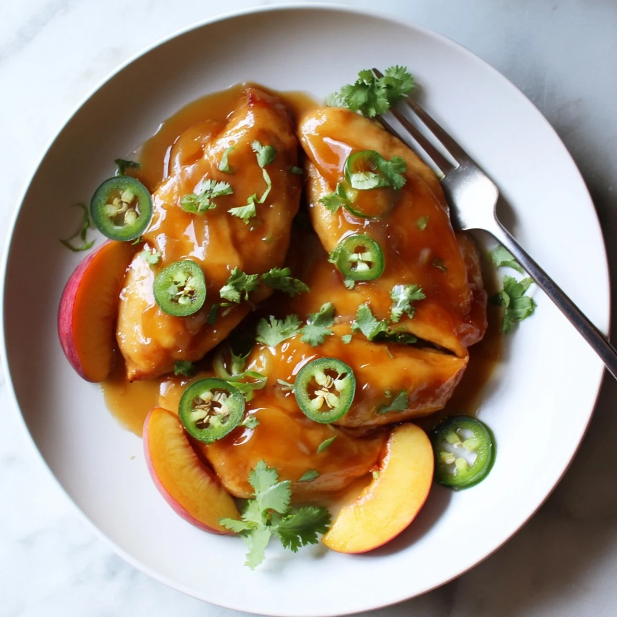 Juicy boneless chicken breasts covered in a sweet and spicy jalapeño peach glaze, served with peach slices and cilantro.