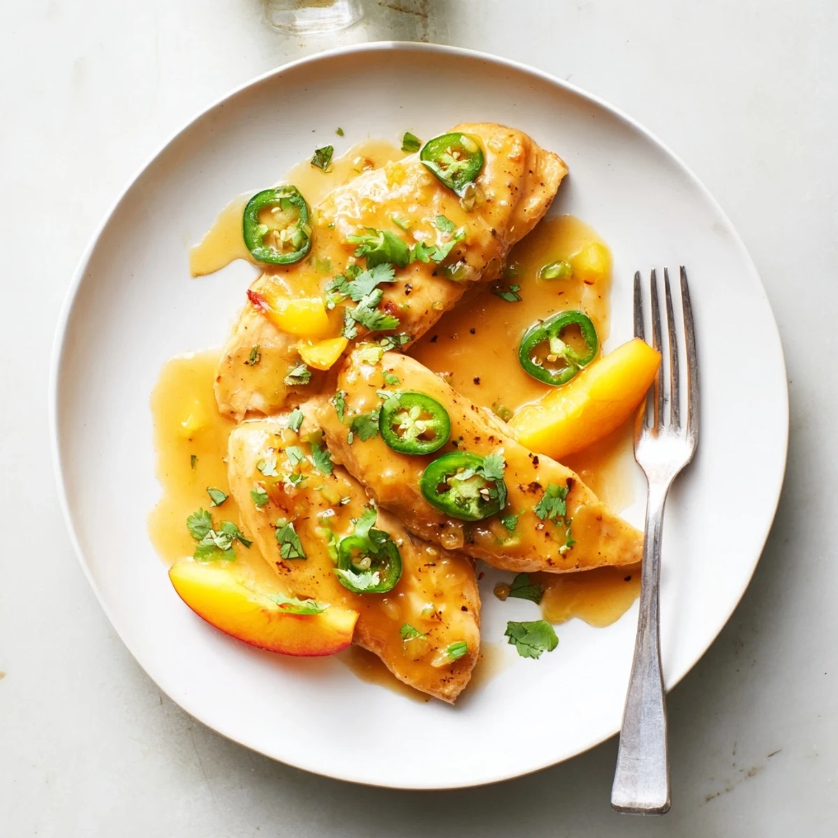 Tender, oven-baked chicken in a sticky, glossy peach and jalapeño sauce, ready for a summer dinner plate with rice.
