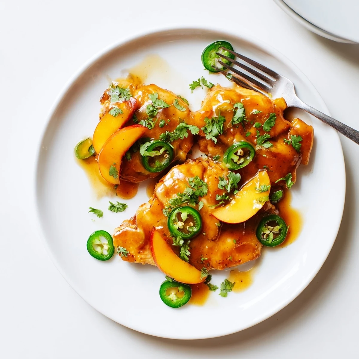 Sizzling skillet-cooked chicken breasts finished with a warm jalapeño peach glaze, garnished with fresh herbs and extra jalapeño slices.