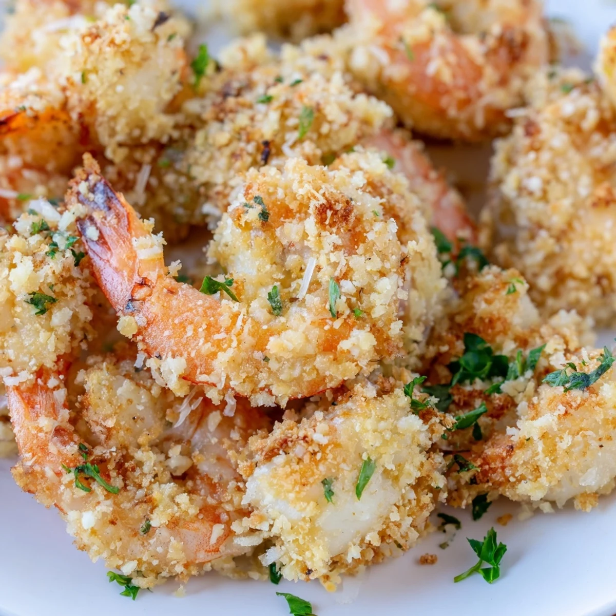 Plump Air Fryer Garlic Parmesan Shrimp rest on a rustic wooden board with a sprinkle of parsley.